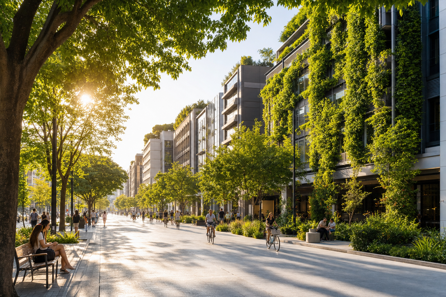 Wide cinematic shot of a modern city street with tree-lined sidewalks, green walls, cool pavement, and people walking