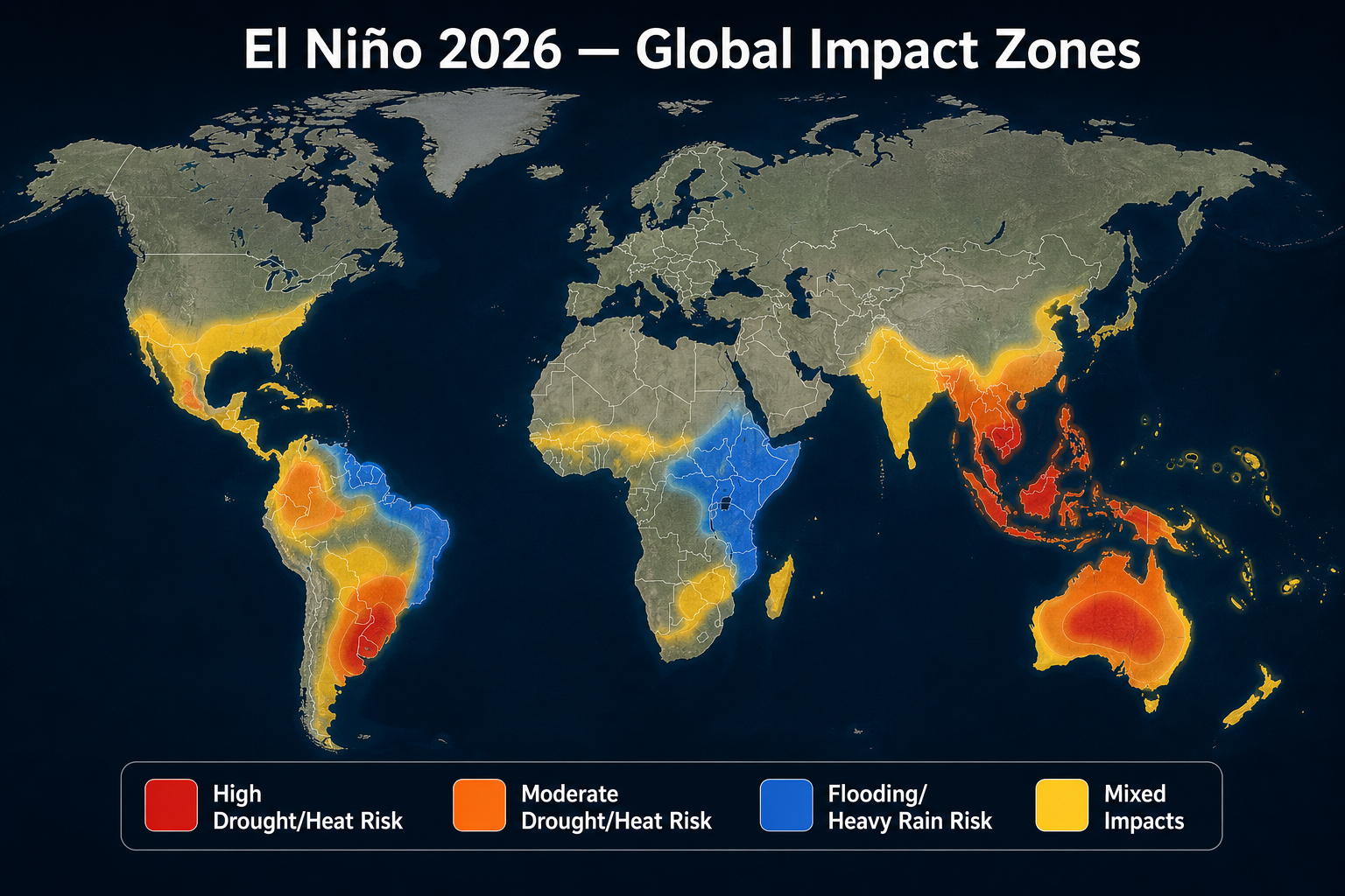 World map with color-coded regions showing expected El Niño 2026 impacts — red for drought risk, blue for flooding risk