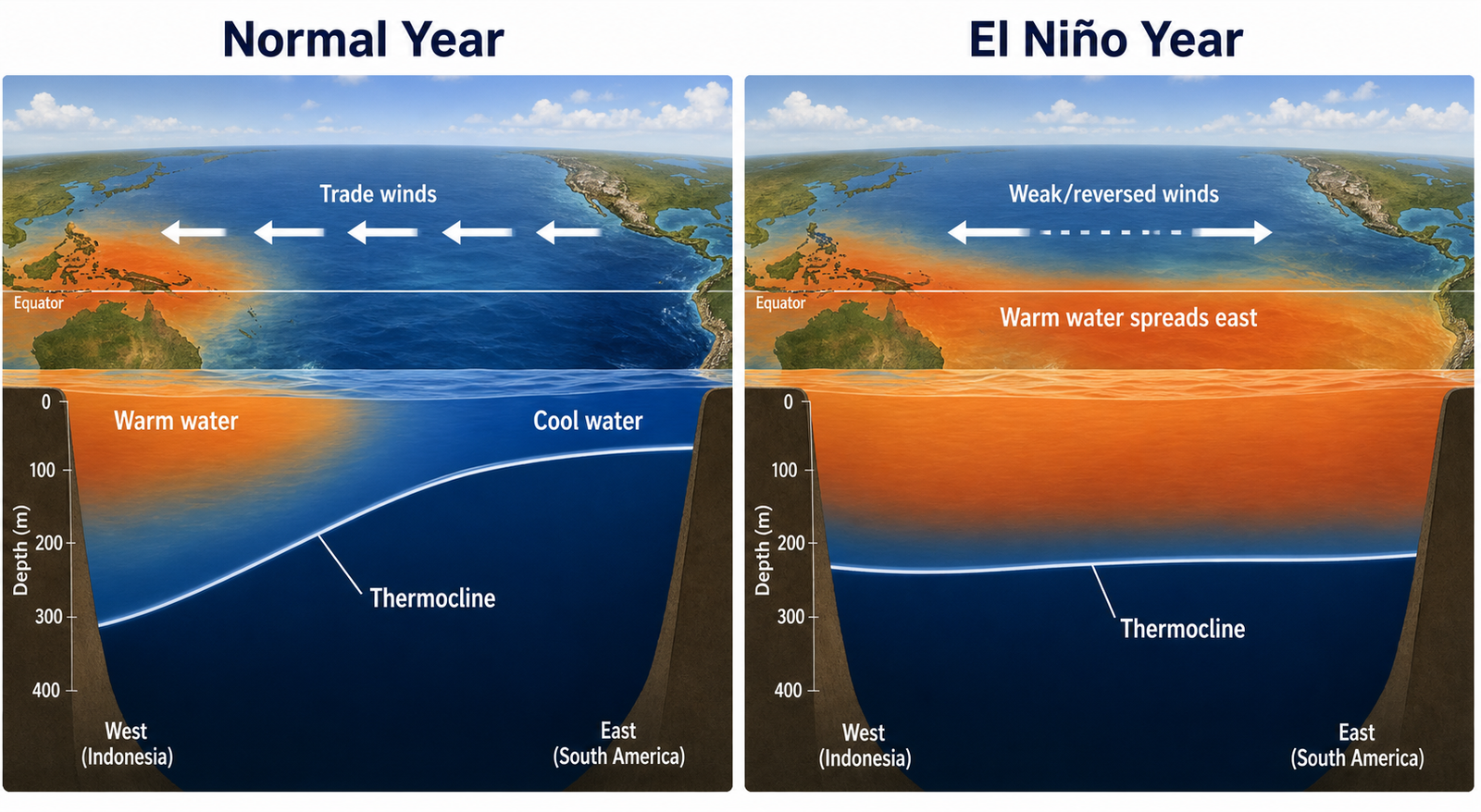 Split-view scientific infographic comparing normal Pacific Ocean conditions and El Niño conditions, showing ocean cross-section with thermocline depth