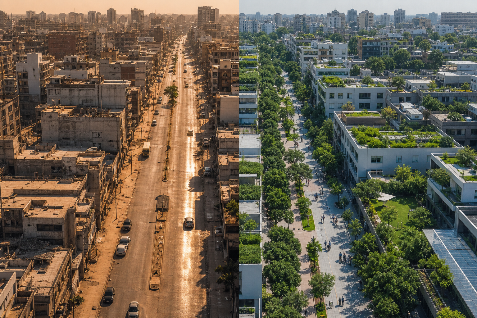 Aerial split view of urban neighborhood — treeless gray street with heat haze on left, tree-lined cool street with green roofs on right
