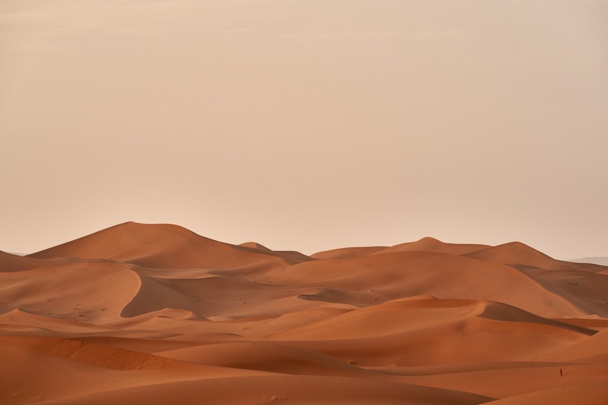 Rolling sand dunes in a desert landscape under intense heat and sunlight