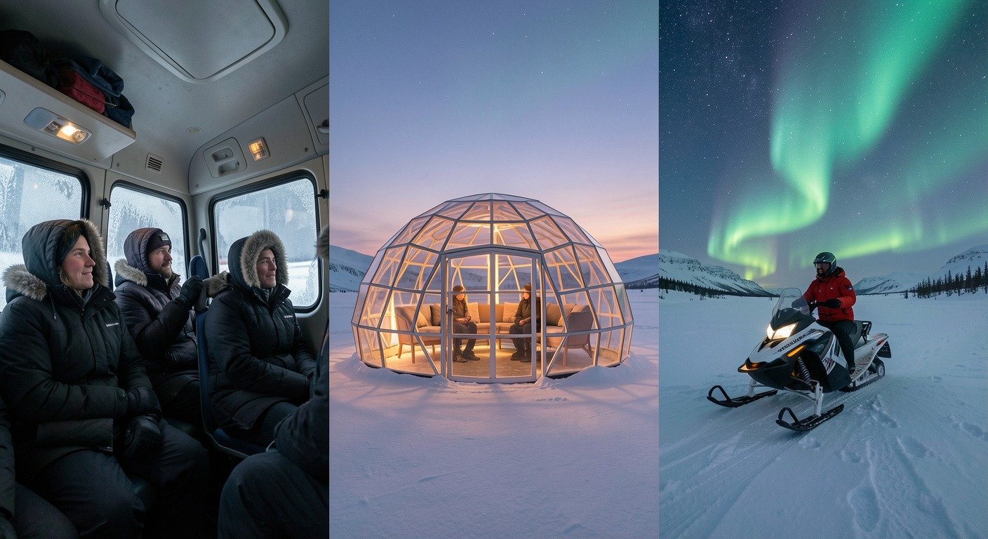 Three-panel comparison of northern lights tour types showing a heated minibus interior with travelers, a glass igloo glowing at dusk under faint aurora, and a snowmobiler on a frozen landscape under stars.