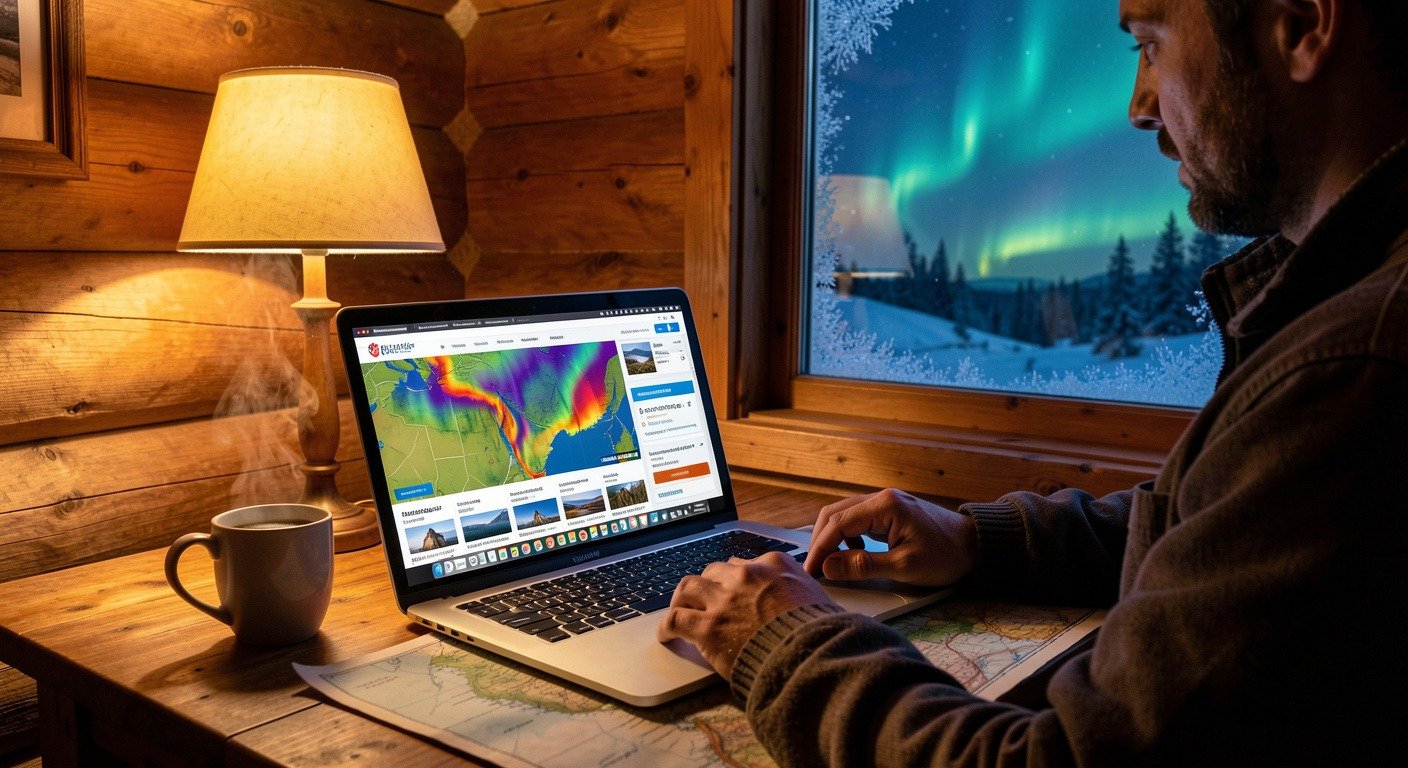 Traveler researching northern lights tours on a laptop at a cozy wooden table in a cabin, with a map and steaming mug visible, aurora faintly glowing through a window behind.
