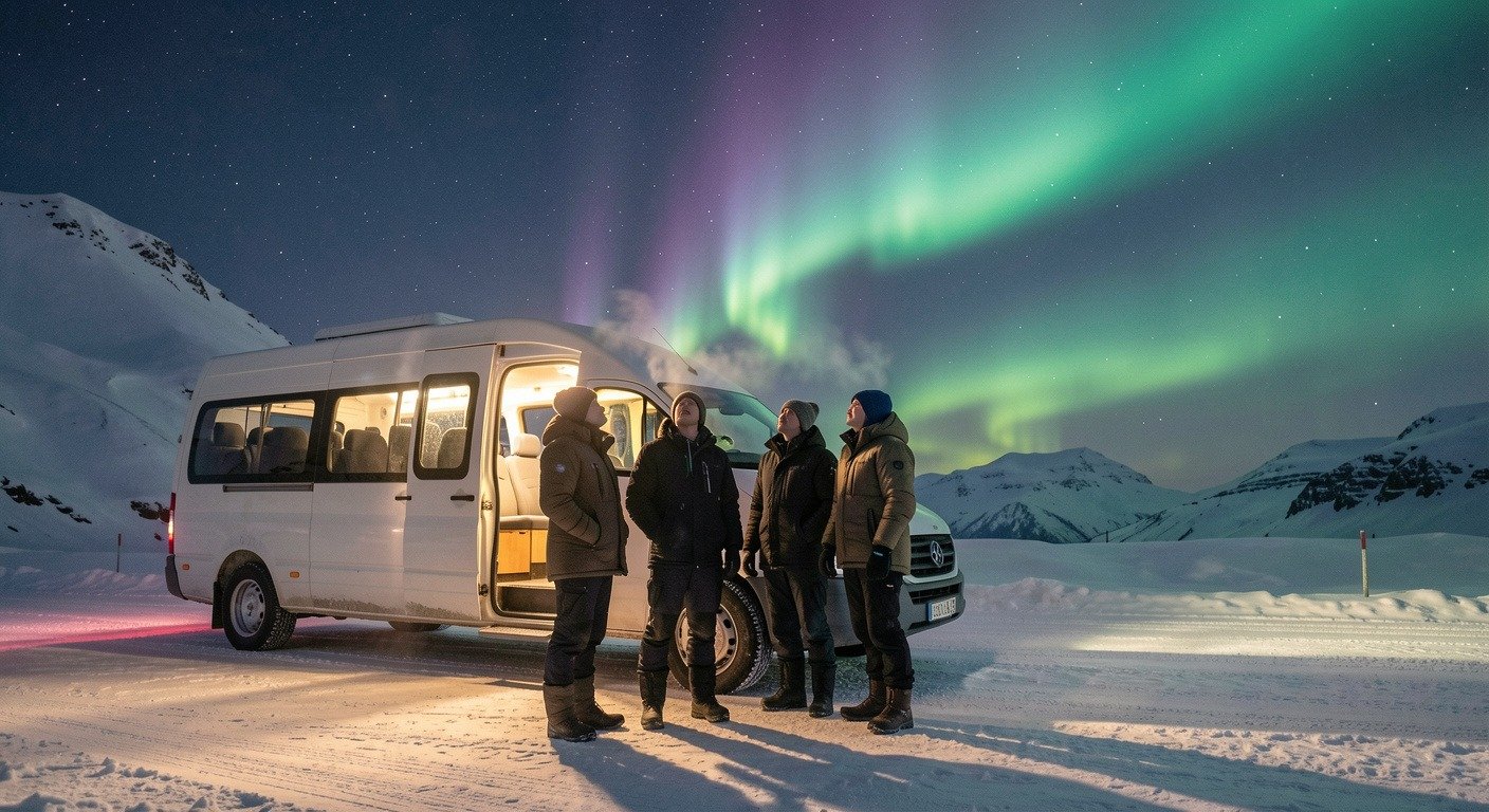Small group of aurora tourists gathered beside a minibus on a snowy road at night, looking up at a green northern lights display arcing across a dark sky over Norway.