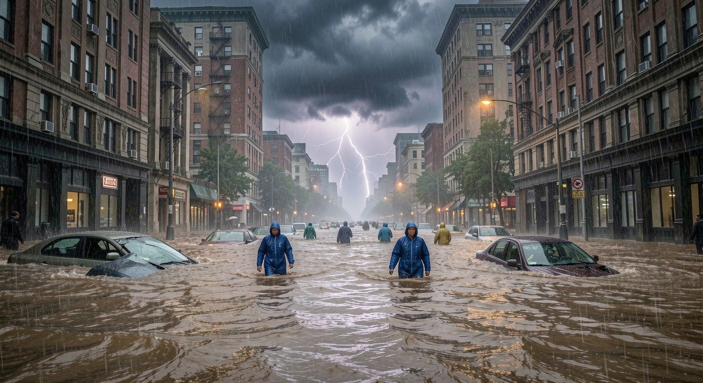 Dramatic heavy rainfall and flooding over a rural landscape with swollen stream and dark storm clouds