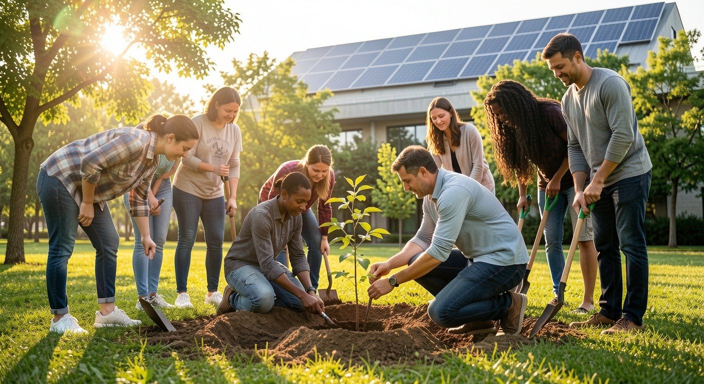Community volunteers planting trees together in a green field, representing collective climate action