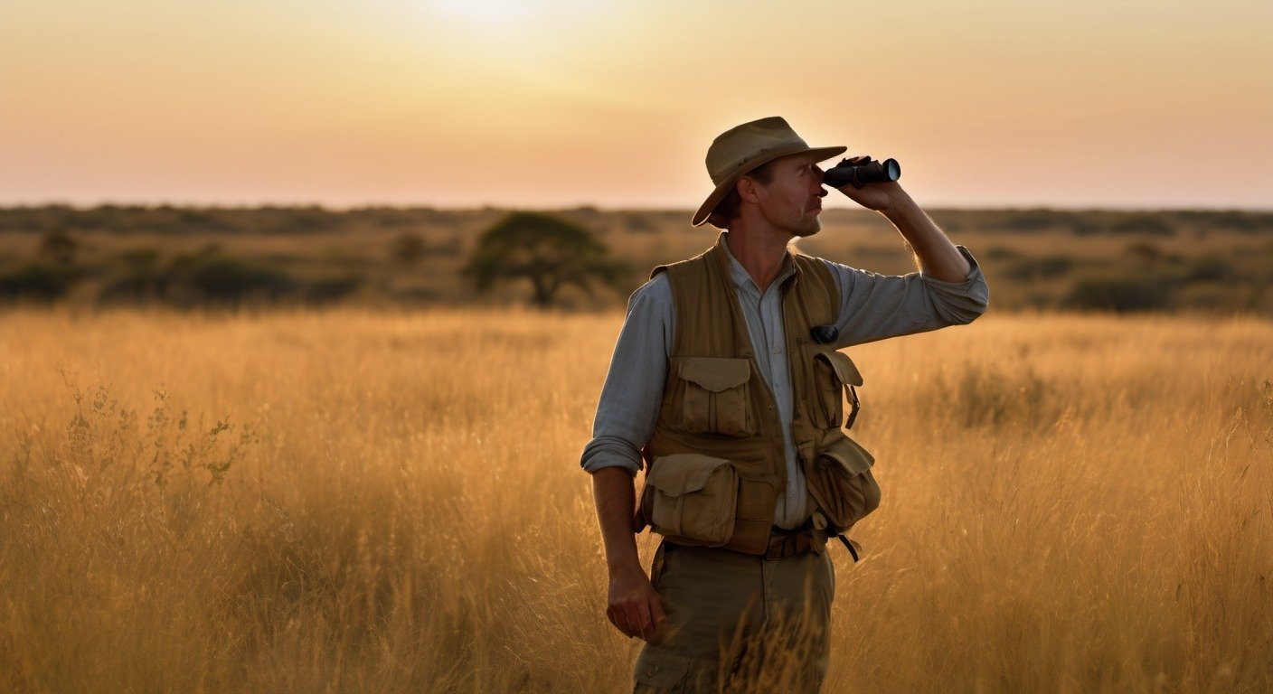 Wildlife researcher in field gear at golden hour representing conservation field work.