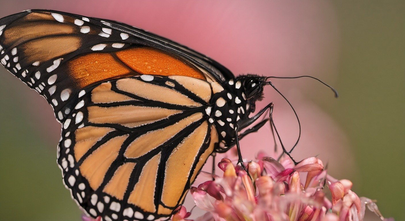 Eastern monarch butterfly resting on a native milkweed plant.