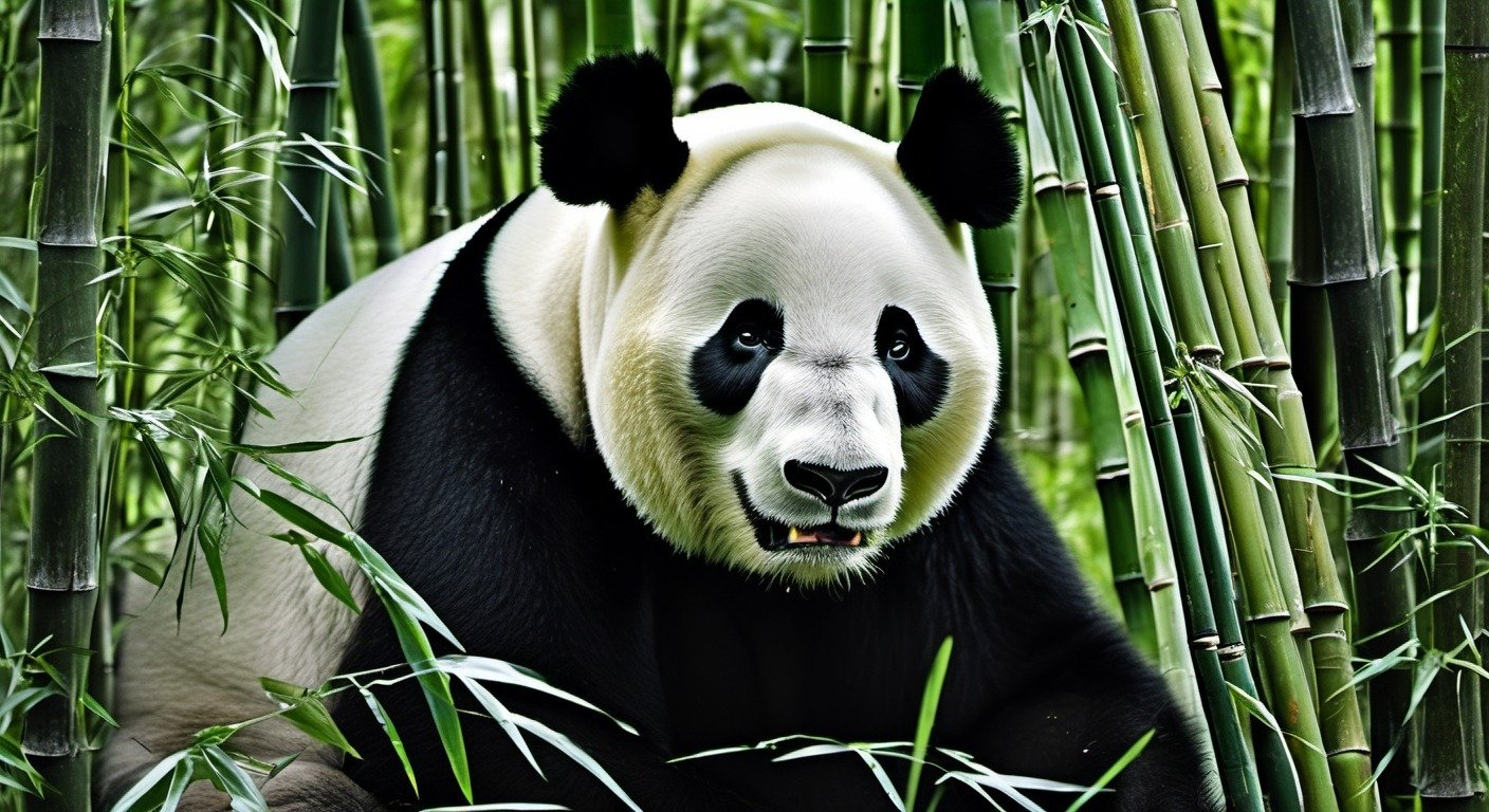 Wild giant panda sitting in a bamboo forest in China showing conservation success