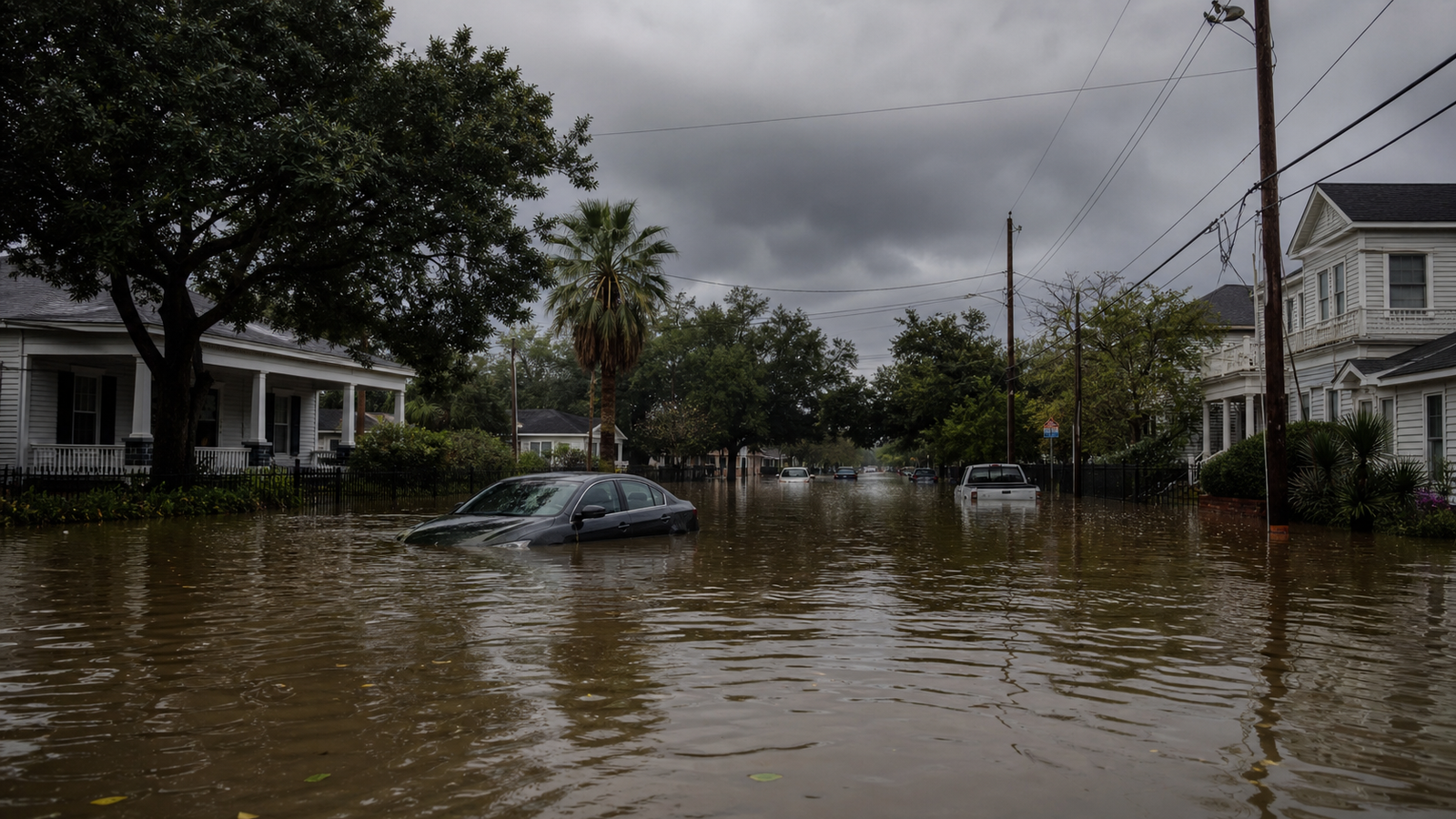 Flooded residential street in a Southern US city with murky brown water covering the road and a partially submerged car