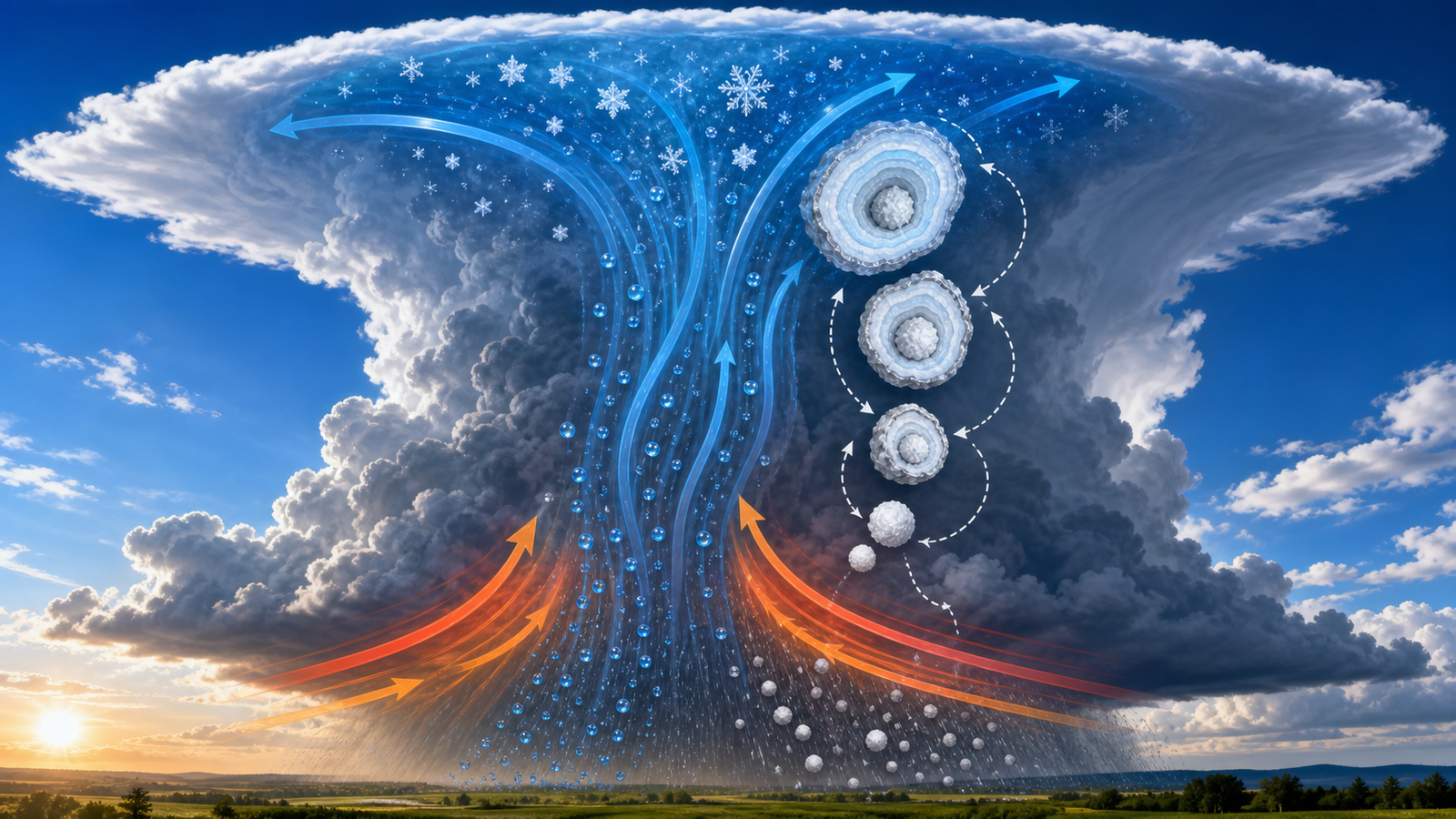 Cross-section diagram of a thunderstorm showing how hailstones form through updrafts and freezing cycles
