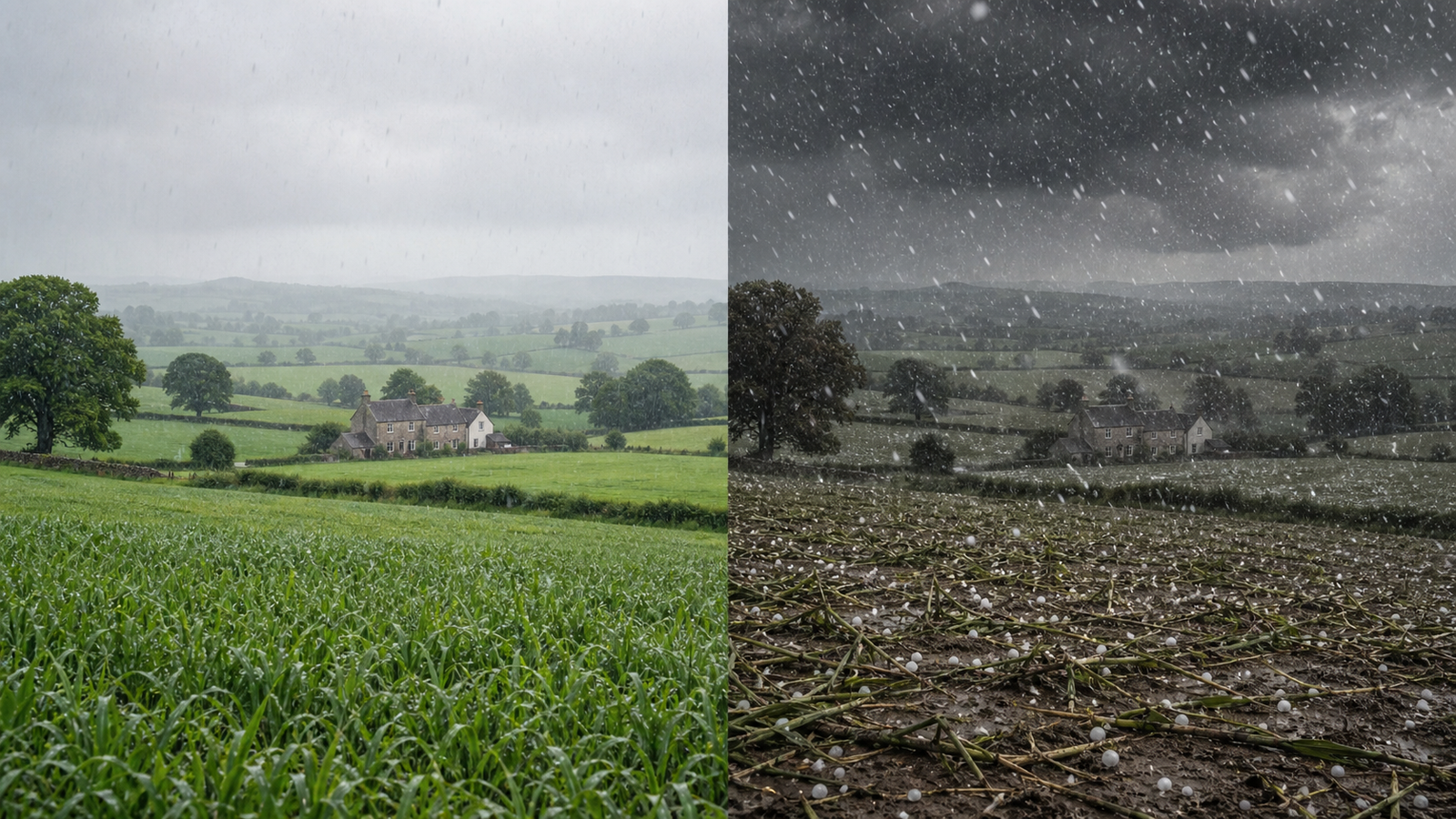 Split comparison showing peaceful rural landscape on left and hail-damaged farmland on right, illustrating climate-driven shift in hail patterns