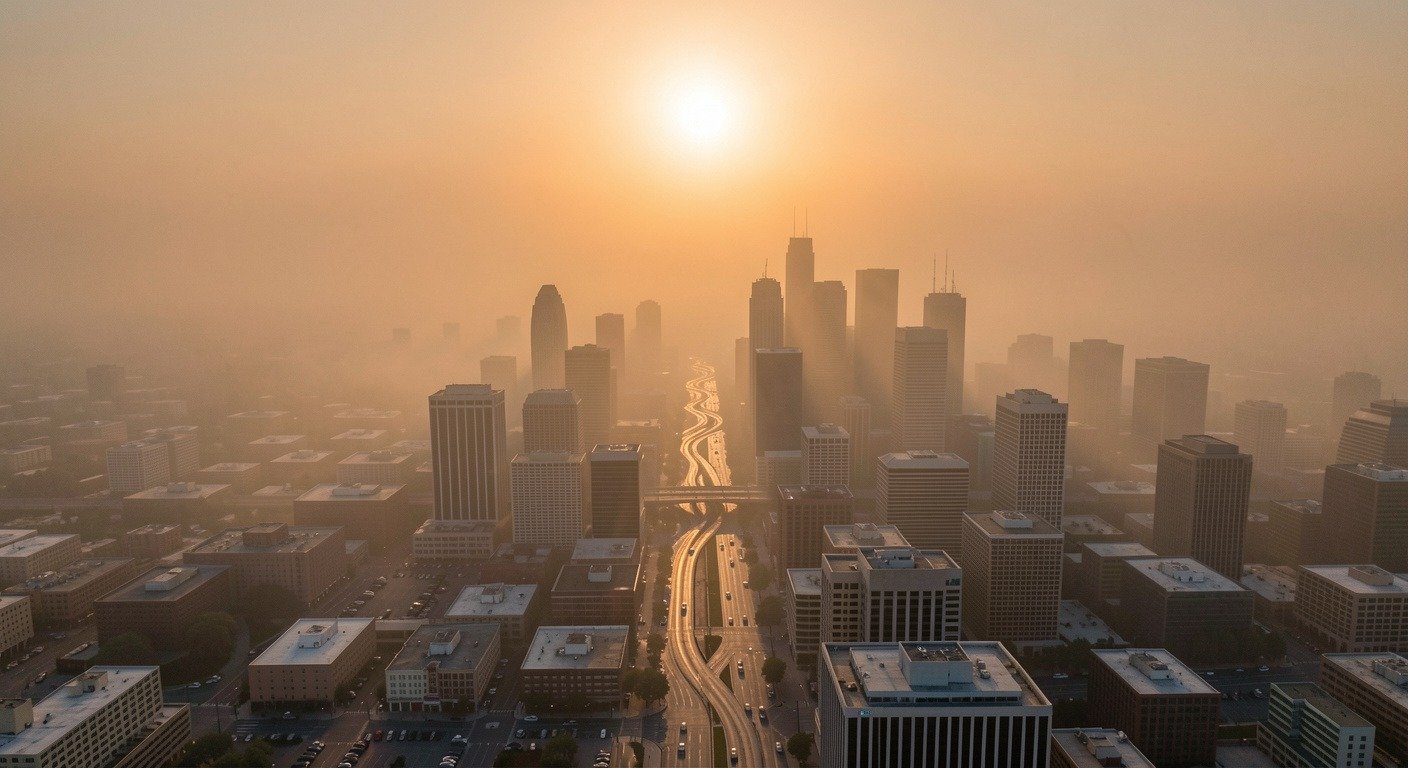 Aerial view of a sprawling city skyline shimmering under intense heat haze during a heat dome event, with a hazy orange sky and heat rising from asphalt