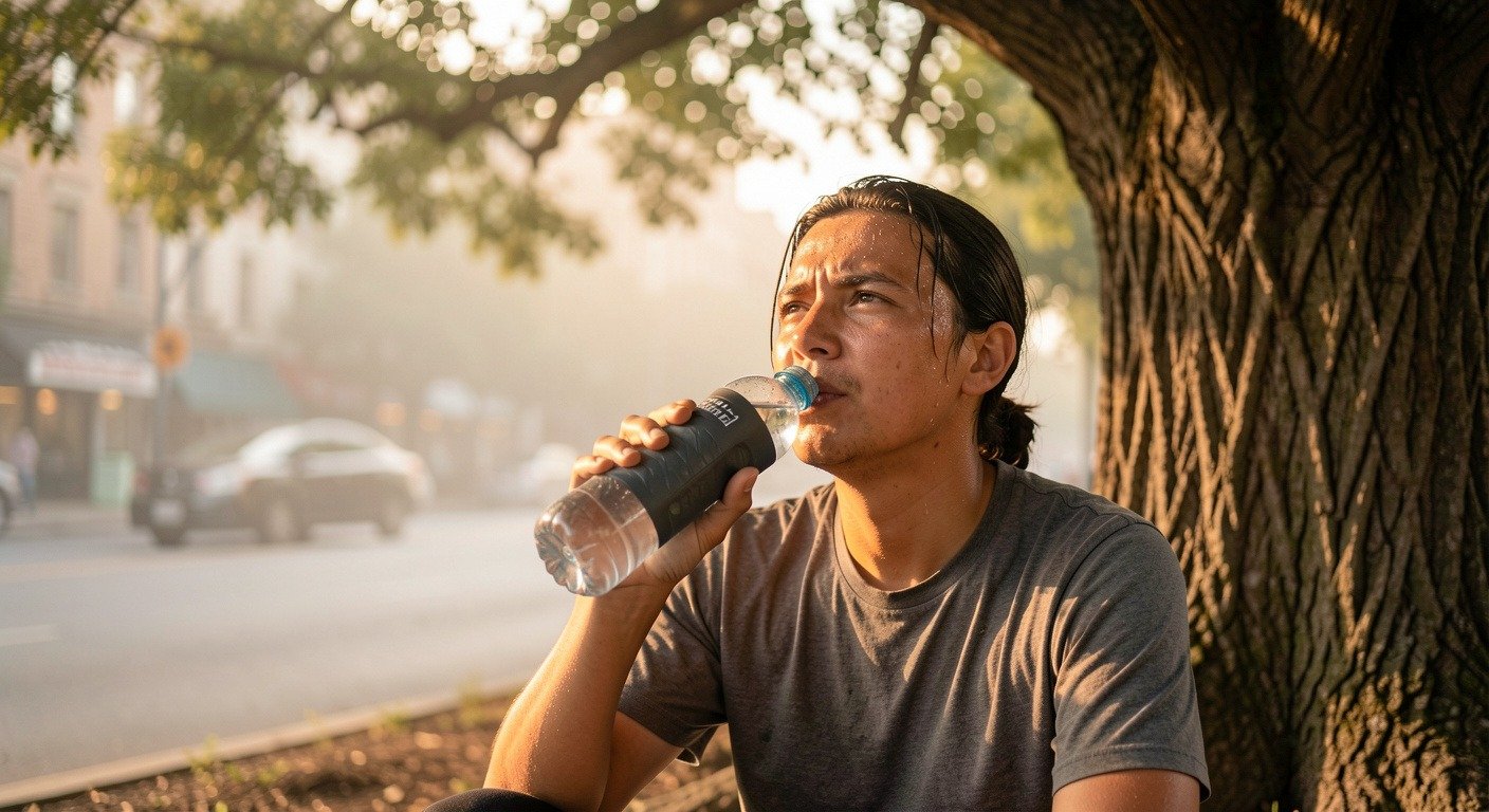 A person drinking water in the shade of a tree during an extreme heat day, with heat haze visible in the background cityscape