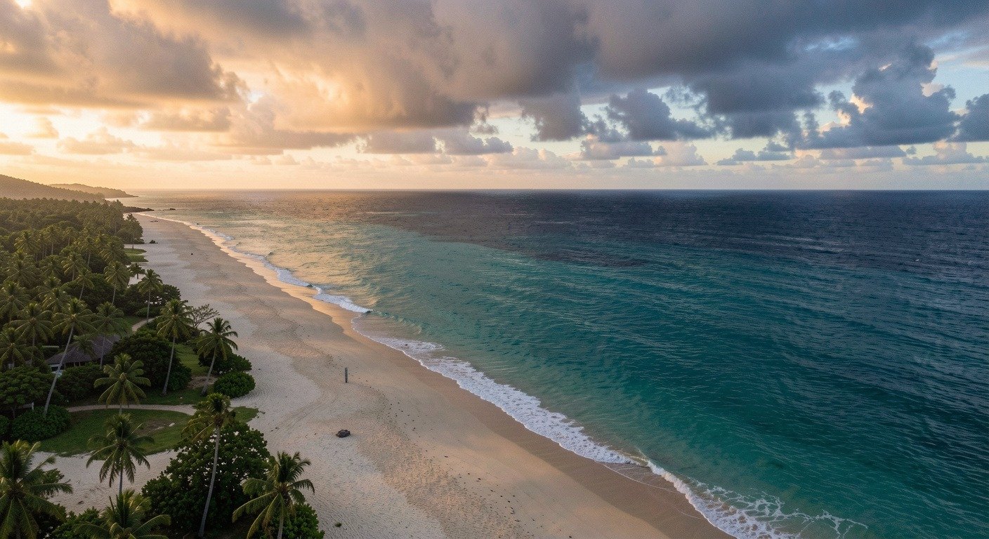 Aerial view of a quiet tropical coastline under partly cloudy skies at dusk, with turquoise ocean darkening near the horizon before a storm