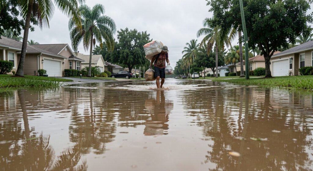 Flooded suburban street after a tropical storm, still water reflecting houses and trees, one person walking through floodwater