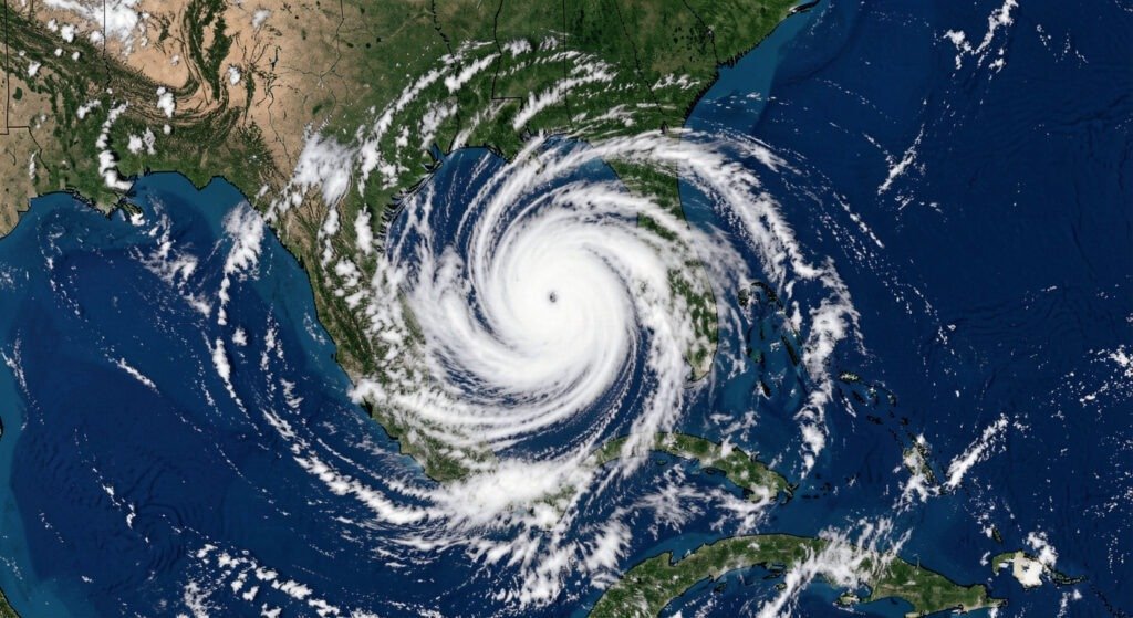Satellite view of a tropical storm swirling over the Gulf of Mexico with spiral cloud bands and a defined center