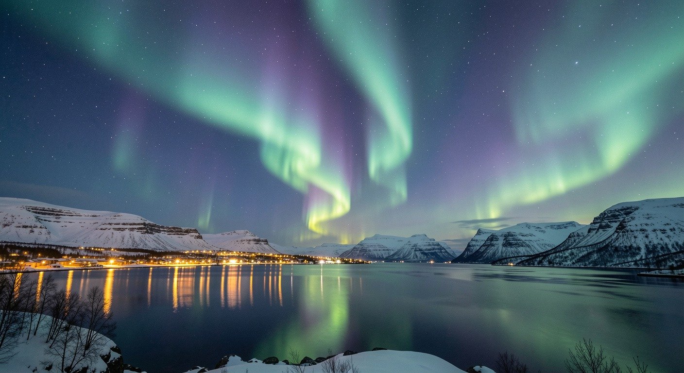 Spectacular aurora borealis display over a Norwegian fjord with Tromsø city lights reflecting on calm water, snow-capped Arctic mountains under a star-filled night sky with vibrant green and purple northern lights curtains