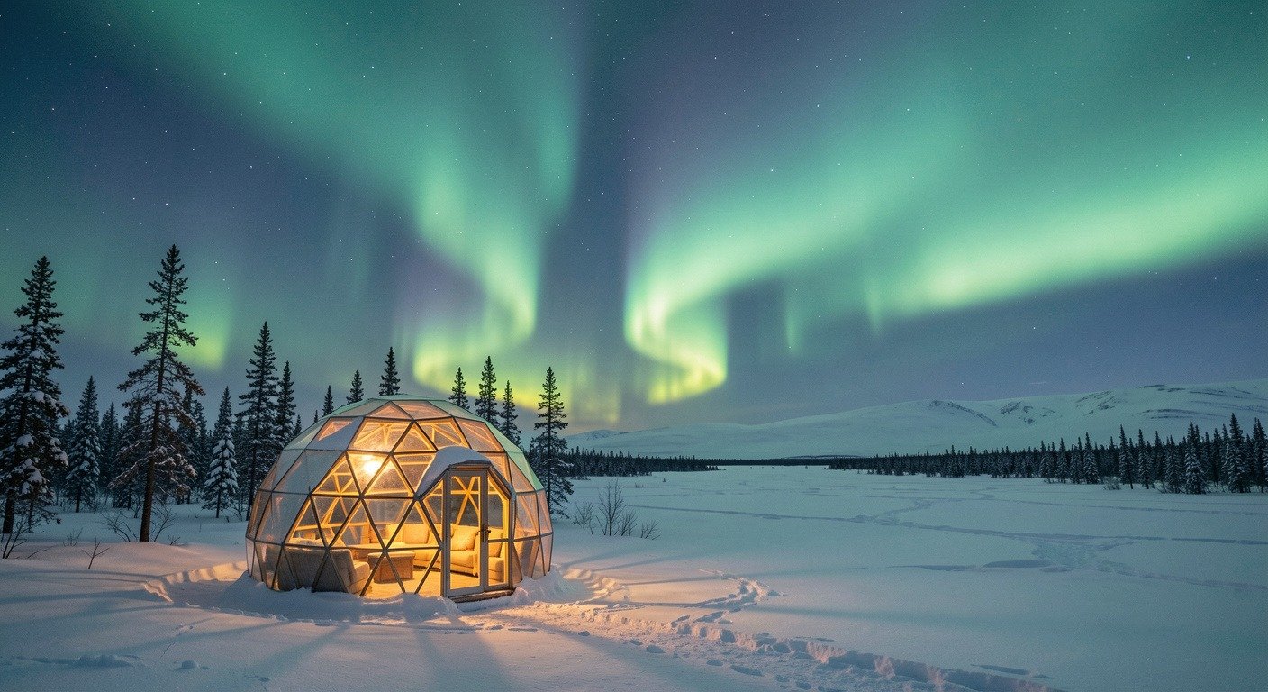 Northern lights aurora borealis dancing over a remote Arctic wilderness with a glass igloo glowing warmly in the foreground, snow-covered pine trees silhouetted against the green aurora sky