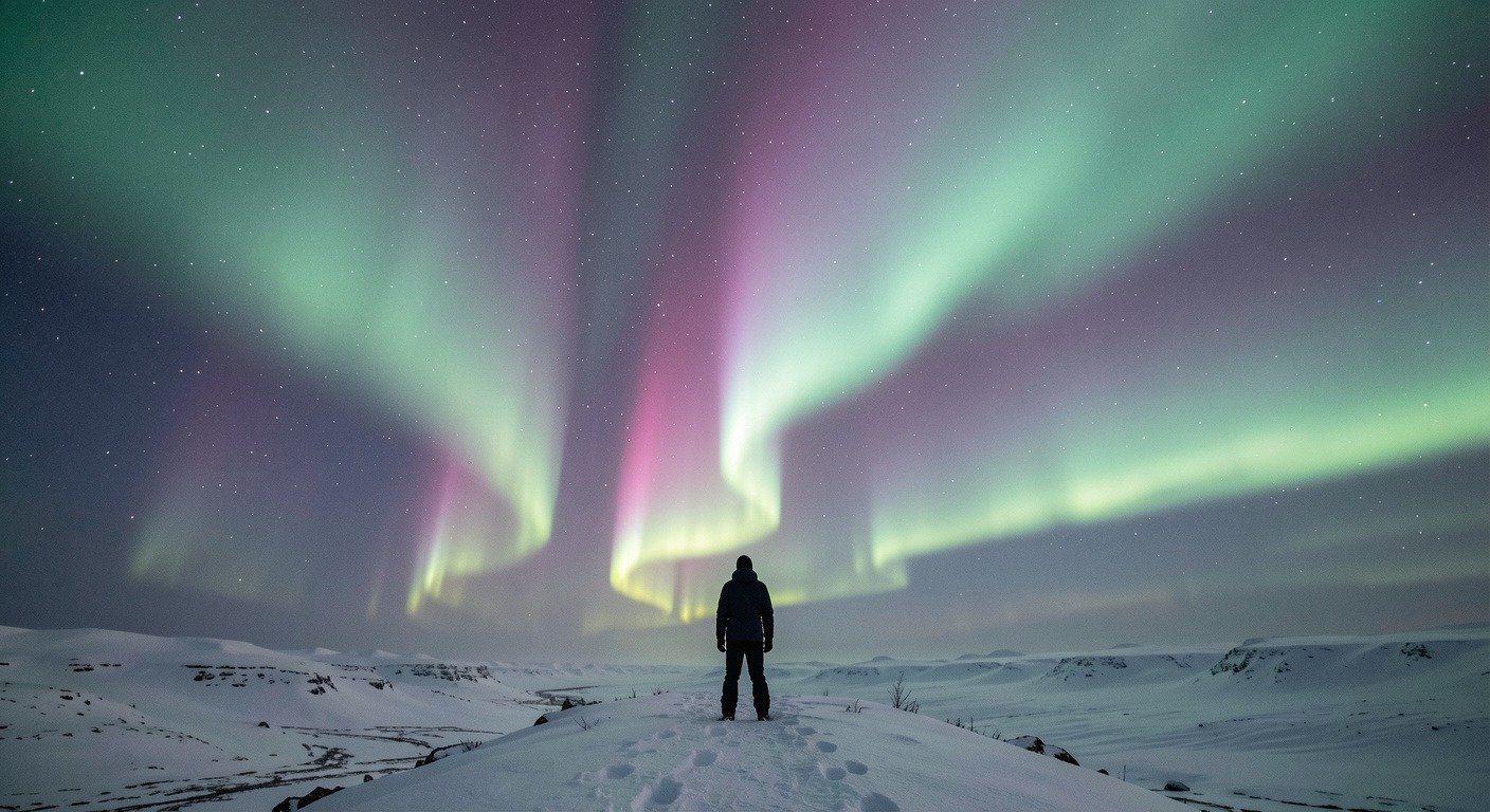 A lone traveler standing on a snow-covered ridge silhouetted against a massive aurora borealis display filling the night sky with green, pink, and purple ribbons of light, human figure small against the cosmic scale of the Arctic sky