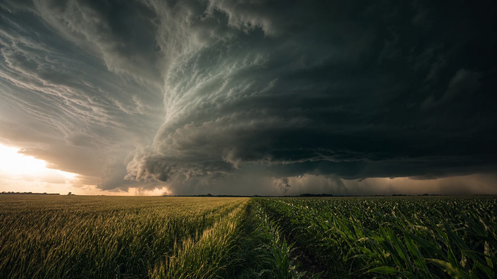 Wide landscape of a Midwest farm field under a menacing greenish-gray supercell thunderstorm sky, representing tornado conditions