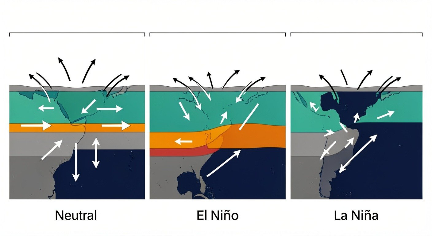 ENSO cycle diagram comparing Neutral, El Nino, and La Nina Pacific Ocean states