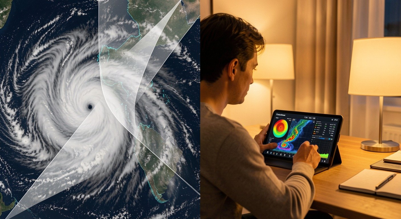 Satellite view of a hurricane with forecast tracking cone overlay next to person checking NOAA weather data on tablet