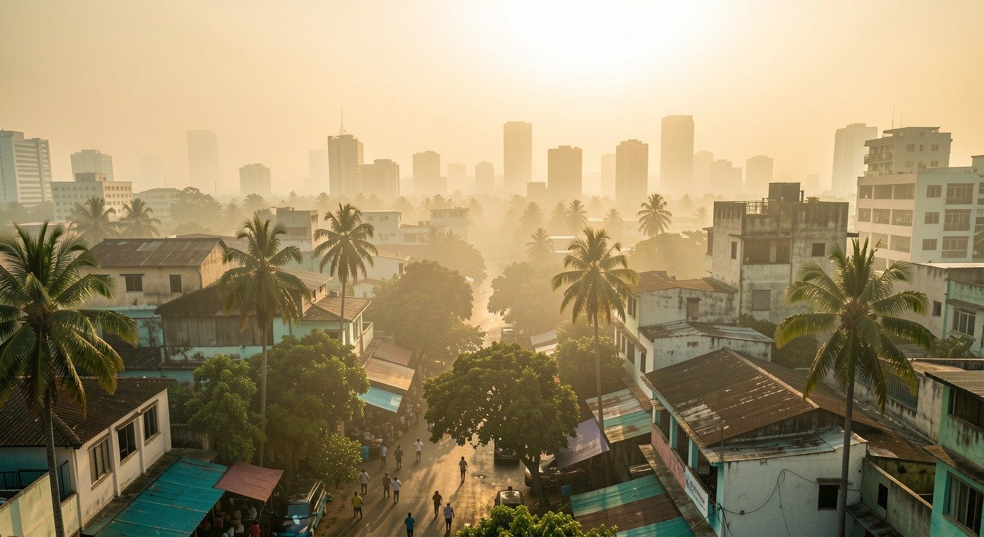 Dense tropical cityscape with humid atmosphere and heat haze, palm trees and urban buildings