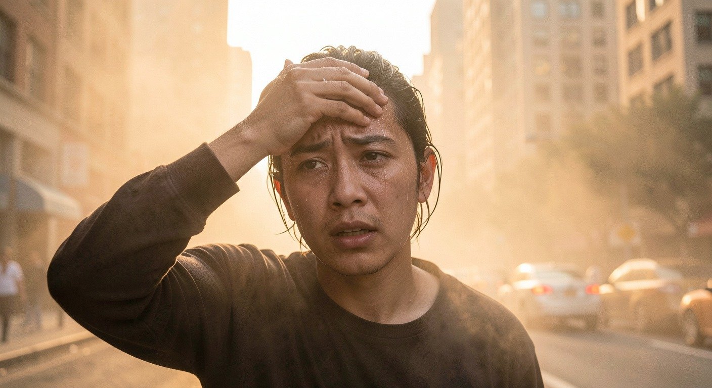 Person wiping sweat on a sweltering humid city street, heat haze rising from asphalt