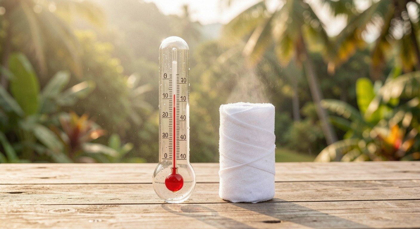 Wet-bulb thermometer concept with cloth-wrapped instrument on wooden surface, tropical landscape background