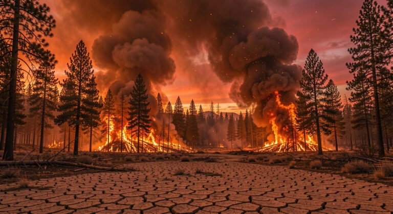 Dramatic wildfire burning through drought-stricken forest, 2026 fire year crisis