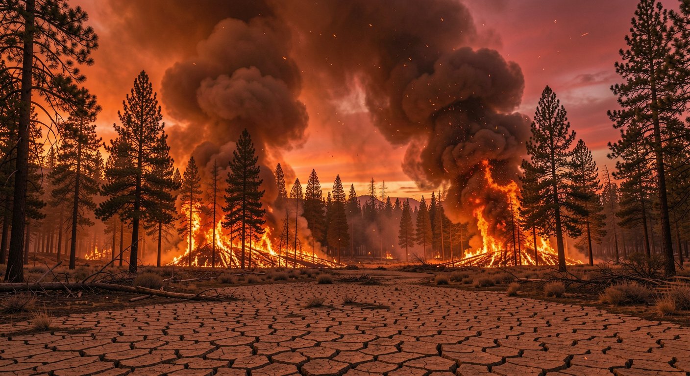 Dramatic wildfire burning through drought-stricken forest, 2026 fire year crisis