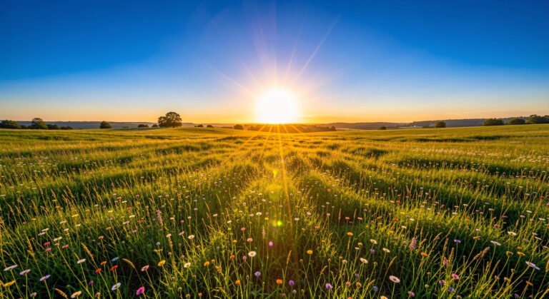 Golden hour summer solstice landscape with sun at highest arc over wildflower meadow