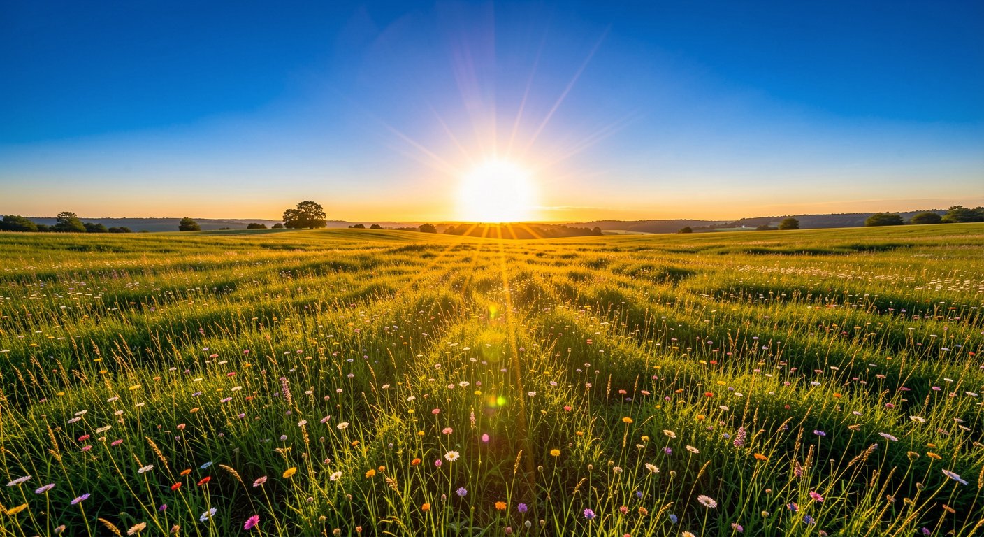 Golden hour summer solstice landscape with sun at highest arc over wildflower meadow