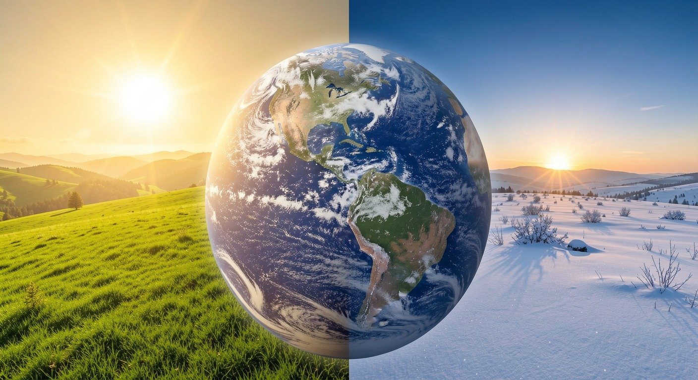 Earth's 23.5-degree axial tilt creating opposite seasons in Northern and Southern Hemispheres