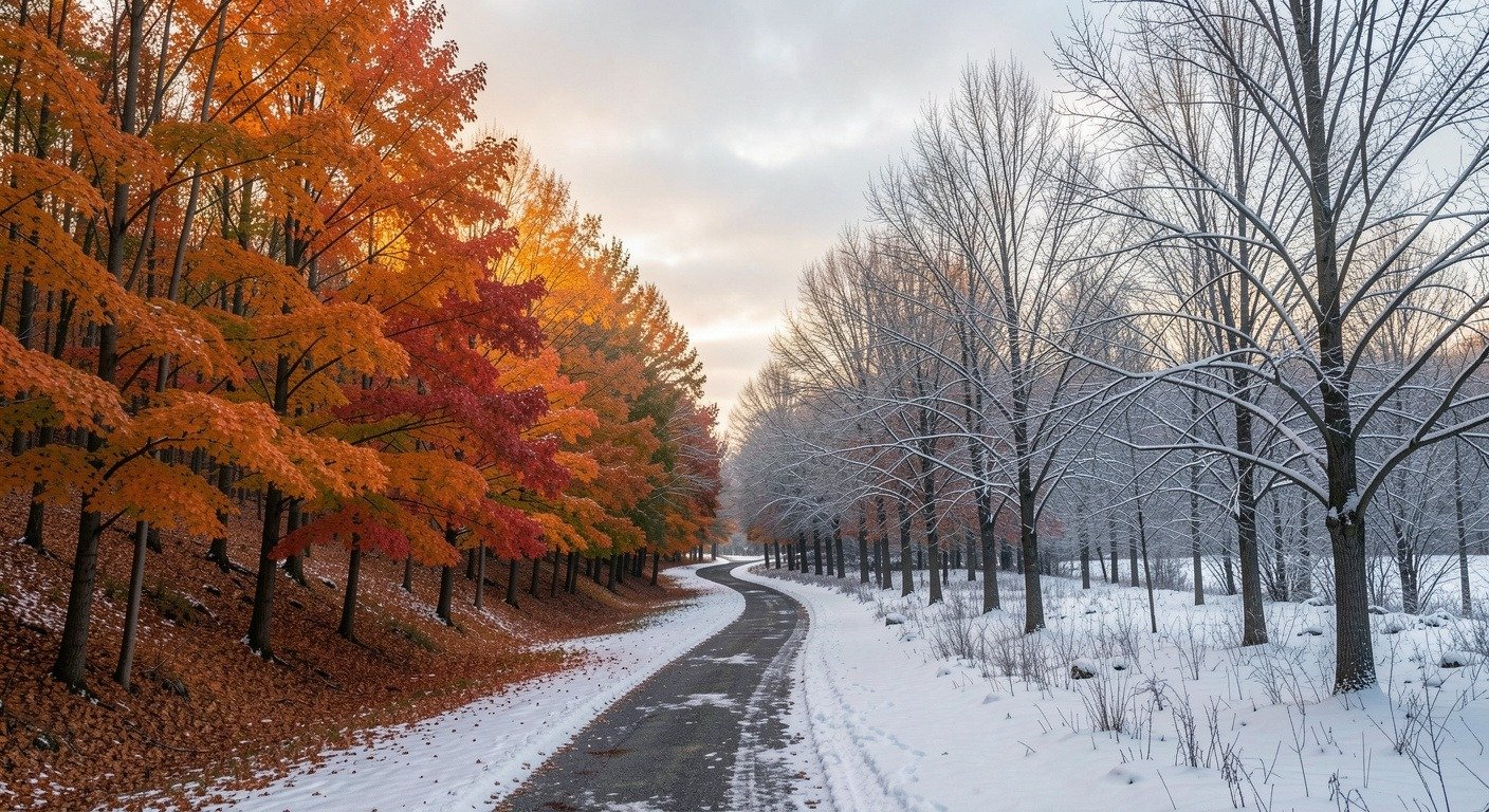 Landscape showing transition from autumn to winter with colorful leaves giving way to bare trees and snow