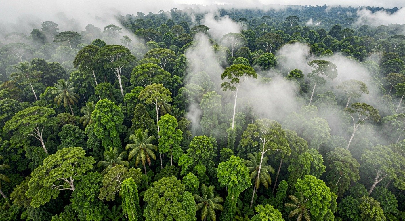 Dense forest canopy with mist rising from the treetops, illustrating transpiration and the flying rivers effect