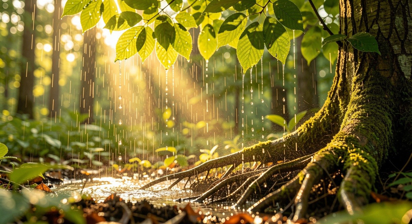 Diagram showing the forest-water cycle: trees transpiring, clouds forming, and rain falling back on the forest and distant farmland
