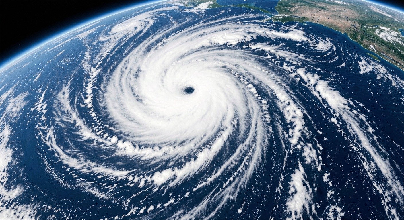 Satellite view of a mature hurricane with a well-defined eye, spiral rainbands, and dense eyewall over the Atlantic Ocean