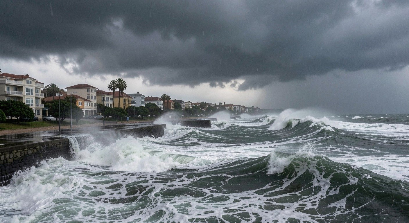 Coastal neighborhood flooded by hurricane storm surge with water reaching halfway up homes