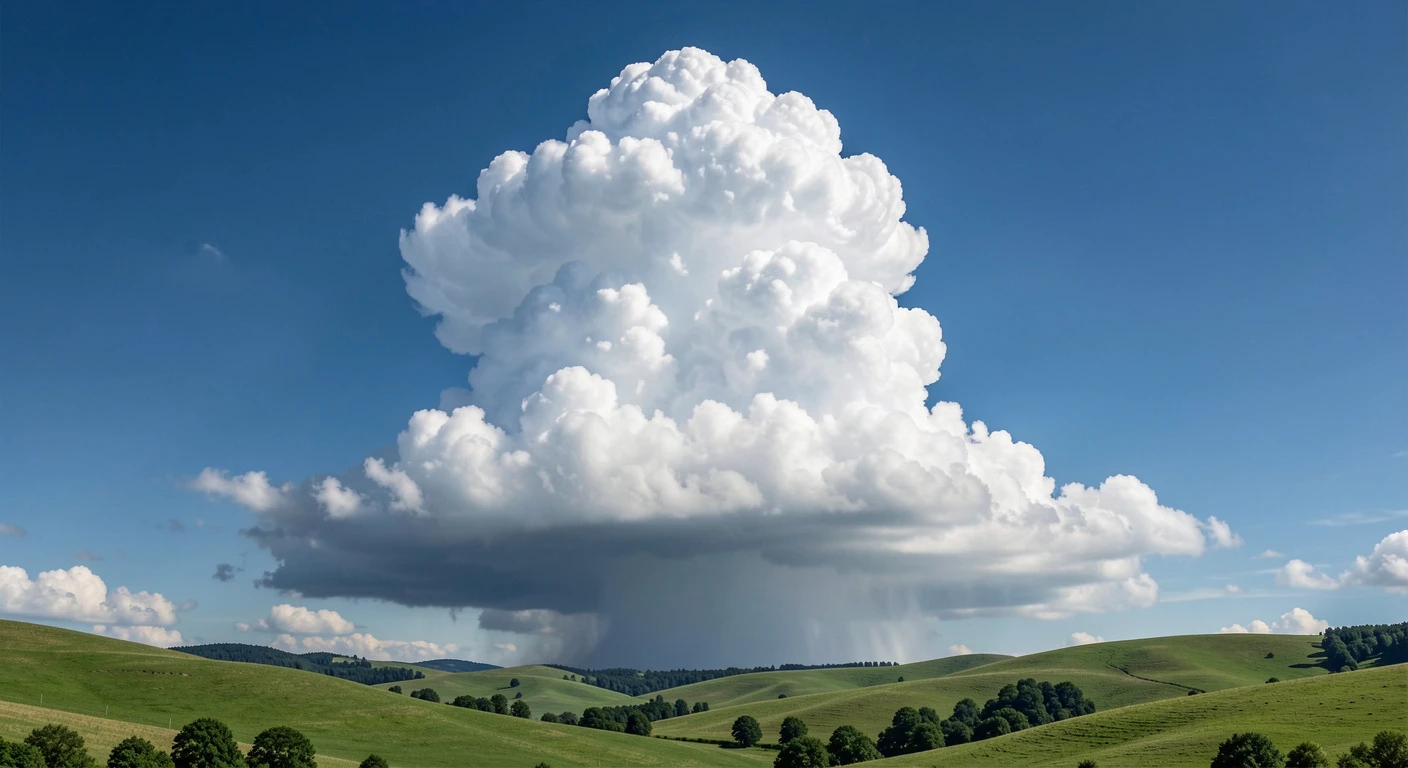 Cumulus clouds building into towering formations against a blue sky, a sign of potential afternoon thunderstorms