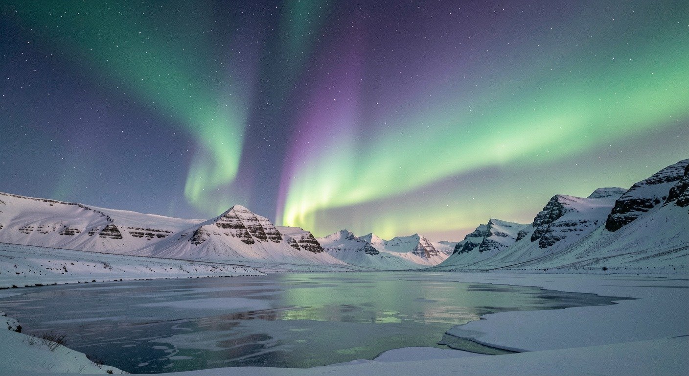 Brilliant green and purple aurora borealis dancing over a snowy Icelandic landscape with mountains in the background