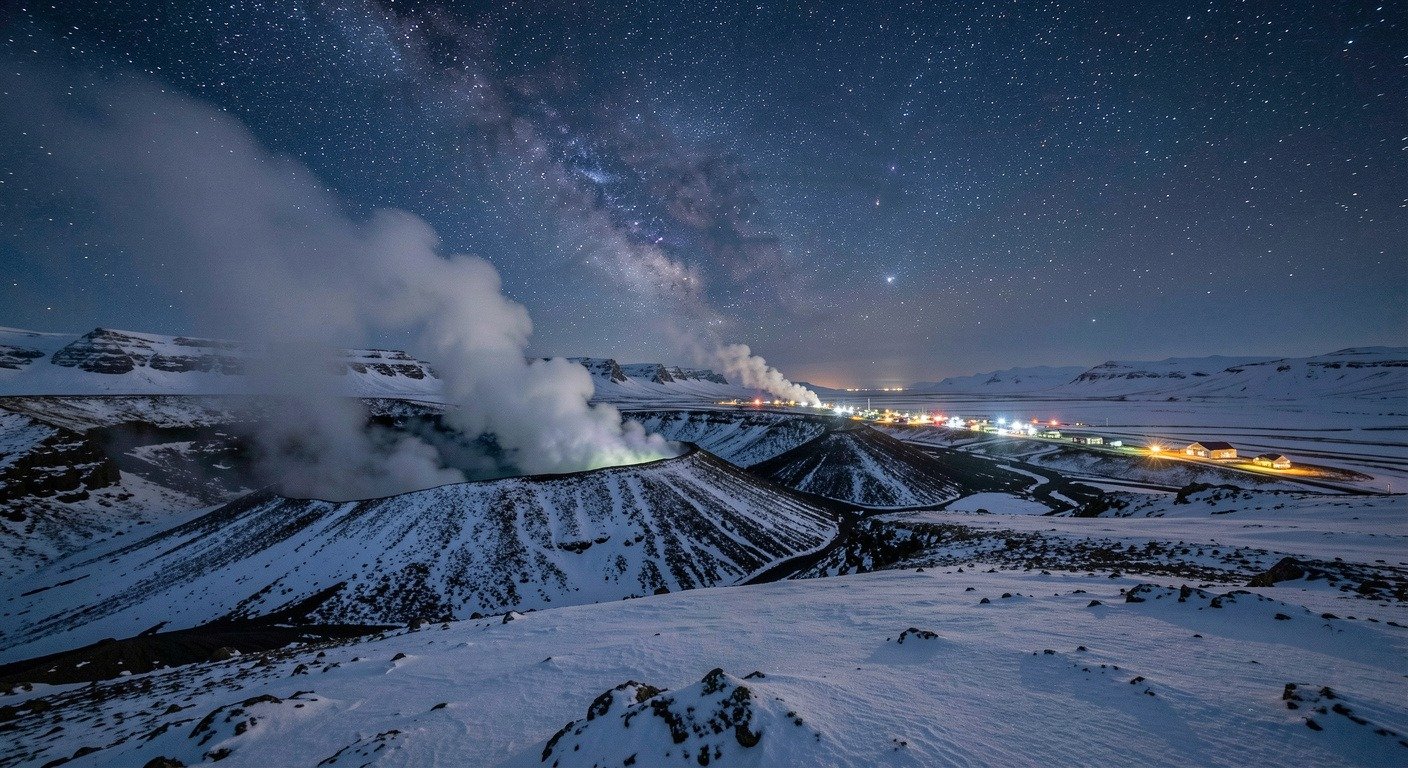 Snow-covered Icelandic winter landscape under dark skies with faint aurora glow on the horizon