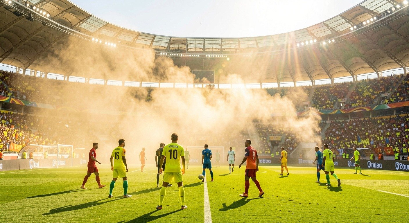 Aerial view of a packed World Cup stadium on a hot summer day with heat shimmer visible above the stands
