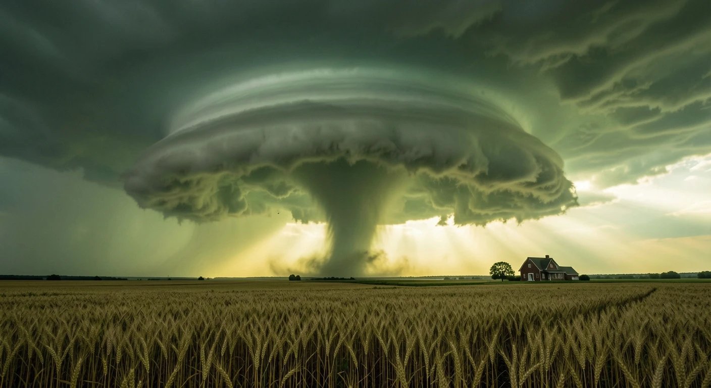 Severe supercell thunderstorm with rotating wall cloud illuminated by lightning in the Midwest