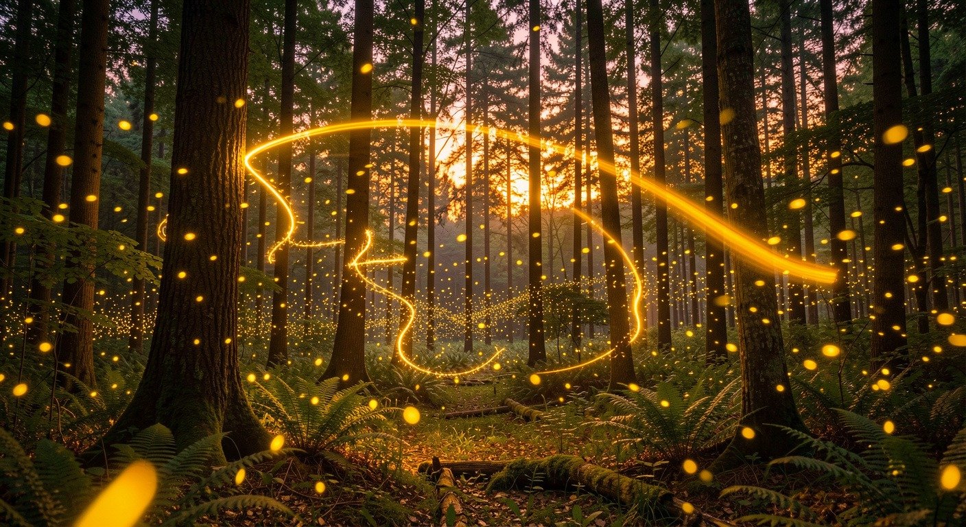 Hundreds of synchronous fireflies flashing together in a dark forest in the Great Smoky Mountains, creating waves of golden light