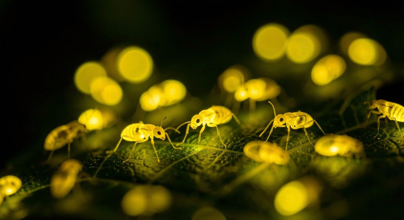 Close-up of a single Photinus carolinus firefly perched on a leaf, its bioluminescent organ glowing yellow-green