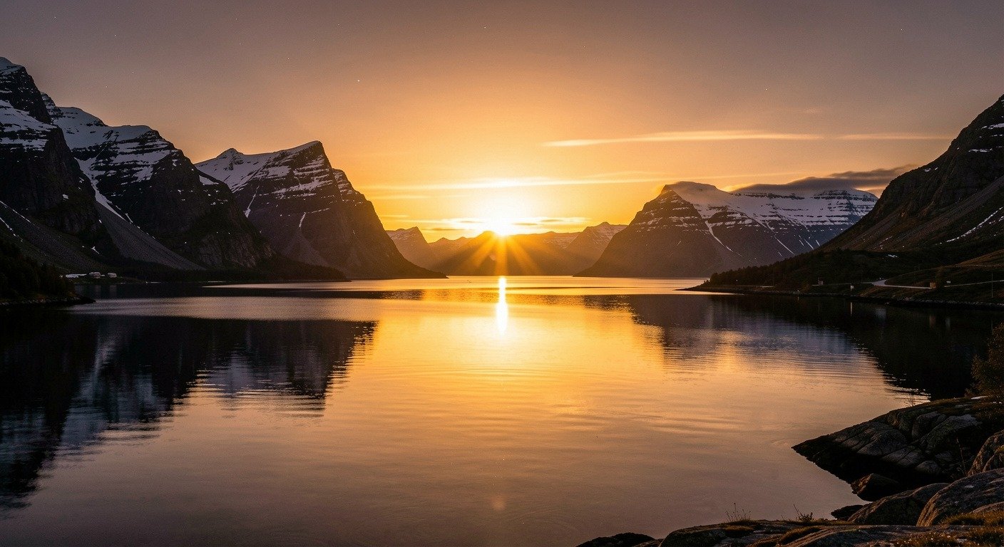 Midnight sun over Norwegian fjord