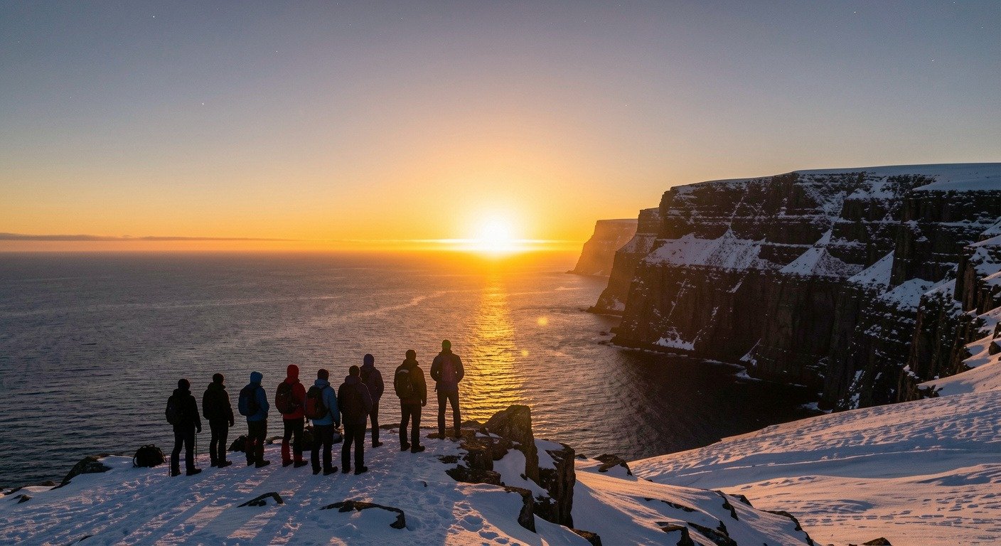 Travelers at North Cape watching midnight sun