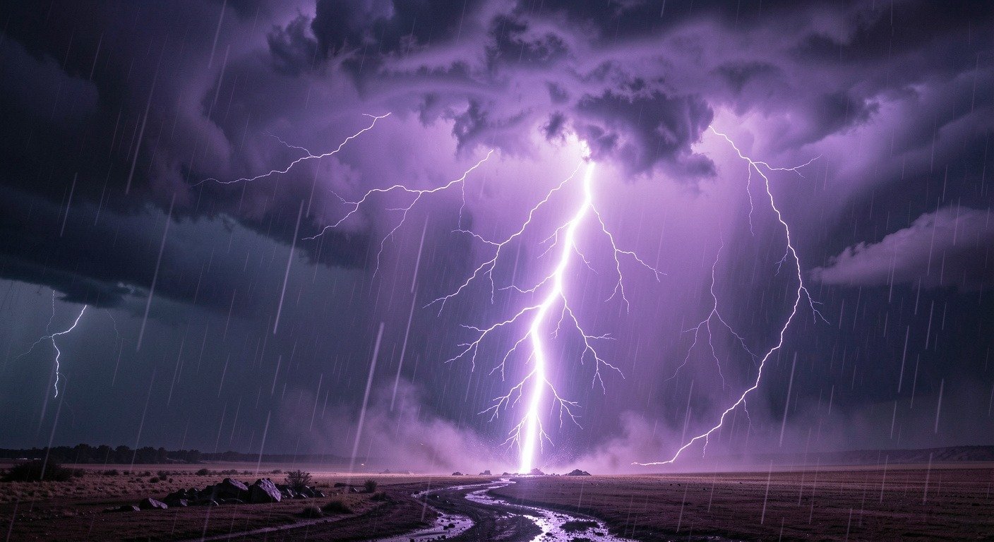 Lightning bolt illuminating dark storm clouds, thunder and lightning science